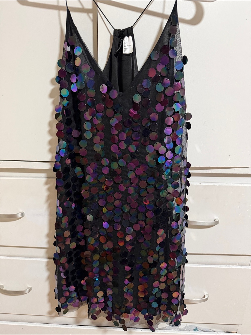 Divided Black Mini Dress with Iridescent Sequins